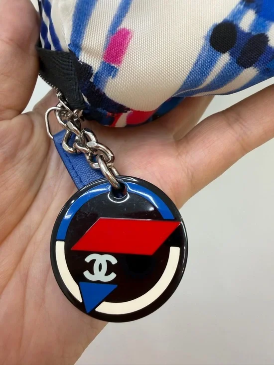 Chanel Graphic Print Cosmetic Pouch with Logo Charm - Blue, Red, Black, Cream - Picture 3 of 8